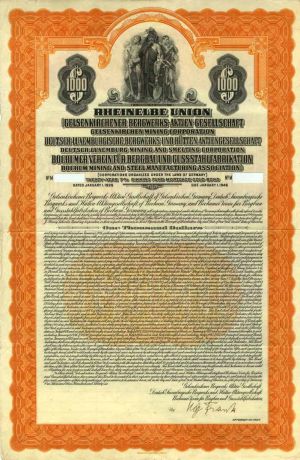Rheinelbe Union Gelsenkirchen Mining Corporation 7% $1000 Uncancelled Bond of 1926